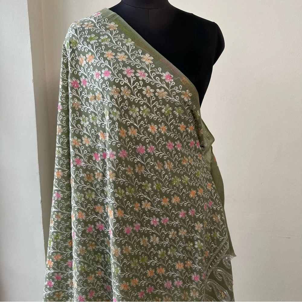 Olive Green Floral Embroidered Pashmina Shawl / Wrap / Scarf | Soft Winter Stole